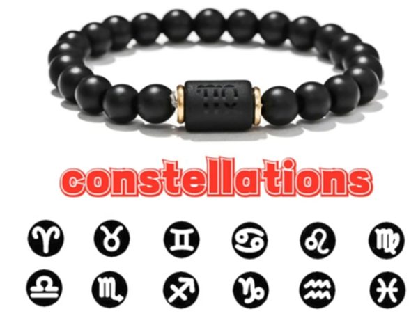 Pulsera del zodiaco de piedra de ónix negro para hombre y mujer