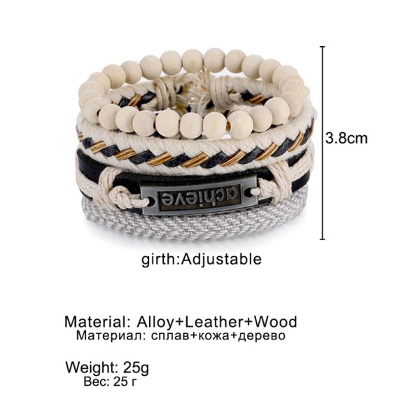Conjunto de Pulseras de Cuero, Tejidas y Cuentas de Madera Blancas achieve