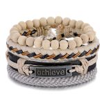 Conjunto de Pulseras de Cuero, Tejidas y Cuentas de Madera Blancas achieve