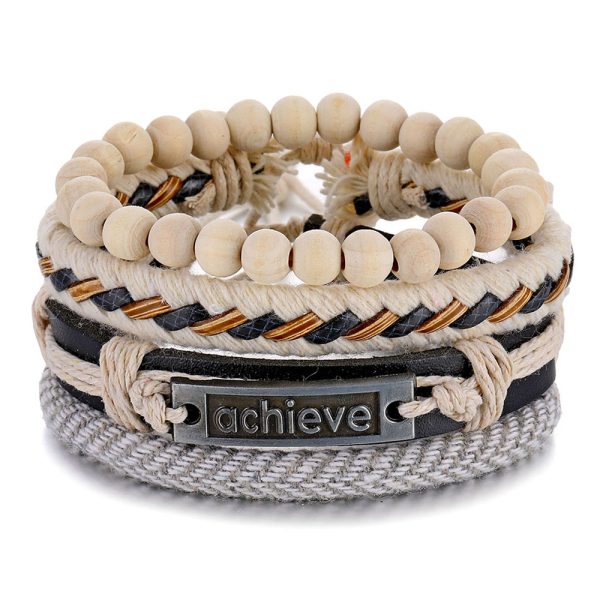 Conjunto de Pulseras de Cuero, Tejidas y Cuentas de Madera Blancas achieve