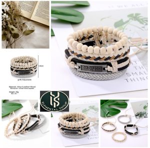 Conjunto de Pulseras de Cuero, Tejidas y Cuentas de Madera Blancas achieve