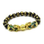 Lleva contigo un símbolo poderoso de abundancia y protección con esta elegante pulsera de cuentas de acrílico negro, complementada con un imponente Pixiu dorado con detalles azules iridiscentes. Su diseño moderno y llamativo combina la estética del Feng Shui con un estilo contemporáneo perfecto para uso diario