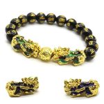 Lleva contigo un símbolo poderoso de abundancia y protección con esta elegante pulsera de cuentas de acrílico negro, complementada con un imponente Pixiu dorado con detalles azules iridiscentes. Su diseño moderno y llamativo combina la estética del Feng Shui con un estilo contemporáneo perfecto para uso diario