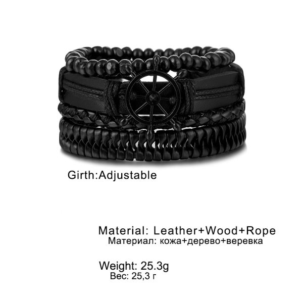 Este set de pulseras negras estilo náutico combina cuero trenzado, cuentas y un detalle central de timón que simboliza dirección, liderazgo
