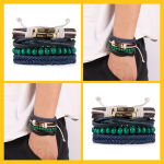 Este set de pulseras trenzadas y de cuentas mezcla tonos azul, verde y marrón con detalles en cuero y acabado artesanal que le dan un look auténtico, moderno y versátil.