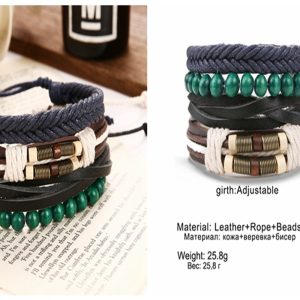 pulsera de cuero y madera azul y verde 1 Dale vida a tu outfit con esta pulsera única, elaborada con cuero auténtico, cuentas verdes de madera y hilos tejidos trenzados en azul, blanco y marrón.