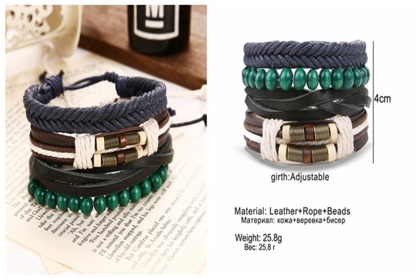 Dale vida a tu outfit con esta pulsera única, elaborada con cuero auténtico, cuentas verdes de madera y hilos tejidos trenzados en azul, blanco y marrón.