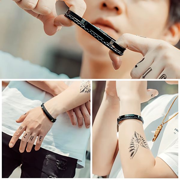 Presentamos nuestra pulsera moderna de cuero con detalles metálicos, disponible en negro clásico y platado elegante — perfecta para quienes buscan un accesorio que combine sofisticación con actitud.