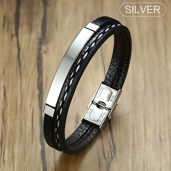 Presentamos nuestra pulsera moderna de cuero con detalles metálicos, disponible en negro clásico y platado elegante — perfecta para quienes buscan un accesorio que combine sofisticación con actitud.