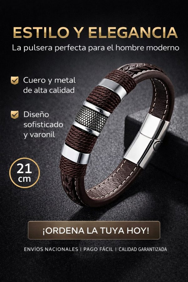 Nuestra pulsera de cuero marrón de 21 cm combina elegancia, masculinidad y carácter en una sola pieza. Diseñada con cuero trenzado premium y acero inoxidable de alta resistencia.