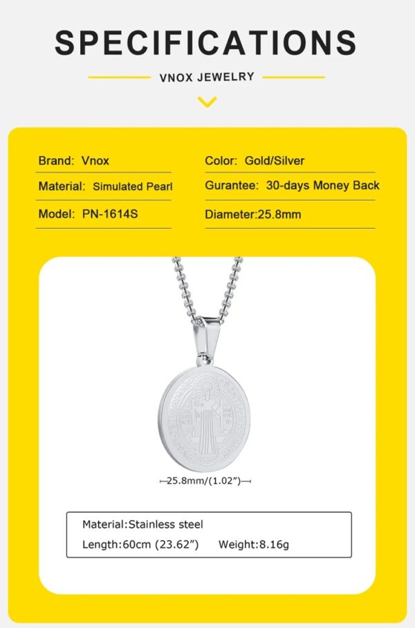 ✨ **COLLAR “SAN BENITO PROTECTOR” – FE, ESTILO Y PROTECCIÓN EN TODO MOMENTO** ✨ Lleva contigo más que un accesorio… lleva un símbolo de protección poderosa 🙏 Este elegante collar con medalla de **San Benito** es reconocido por su significado espiritual, ideal para quienes buscan protección, fe y un estilo sobrio pero impactante. 🛡️ **Un símbolo que protege** La medalla de San Benito es conocida mundialmente por su poder contra energías negativas, brindando seguridad, paz y fortaleza espiritual a quien la porta. 💎 **Elegancia que combina con todo** Su diseño minimalista en acabado plateado lo convierte en una pieza versátil, perfecta para uso diario o para complementar cualquier outfit con un toque significativo. 📏 **Características del producto:** * Material: Acero inoxidable de alta calidad (resistente y duradero) * Color: Plateado (también disponible en dorado) * Diámetro del dije: 25.8 mm * Largo de cadena: 60 cm * Peso: 8.16 g * Diseño: Medalla de San Benito grabada con detalles finos * Garantía: 30 días (satisfacción asegurada) 🔥 **¿Por qué debes tenerlo?** Porque no solo mejora tu estilo… también te brinda una sensación de protección y confianza todos los días. Es ideal para personas que valoran la fe y quieren llevarla consigo en todo momento. 🎁 **Un regalo con significado real** Perfecto para obsequiar a alguien especial, transmitiendo un mensaje de cuidado, protección y bendición. ⚠️ **Alta demanda – Stock limitado** Este tipo de accesorios espirituales está en tendencia. No te quedes sin el tuyo. 👉 **Ordénalo ahora y lleva contigo un símbolo de protección y fe todos los días** 🙌