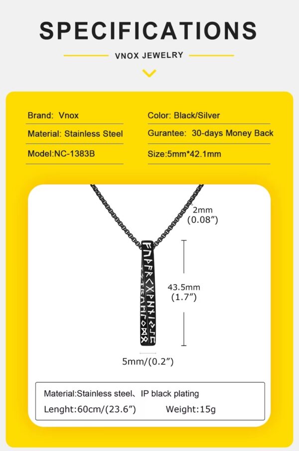 Este elegante collar plateado con colgante rectangular grabado con runas nórdicas es perfecto para quienes buscan destacar con un estilo único, moderno y con un toque místico.